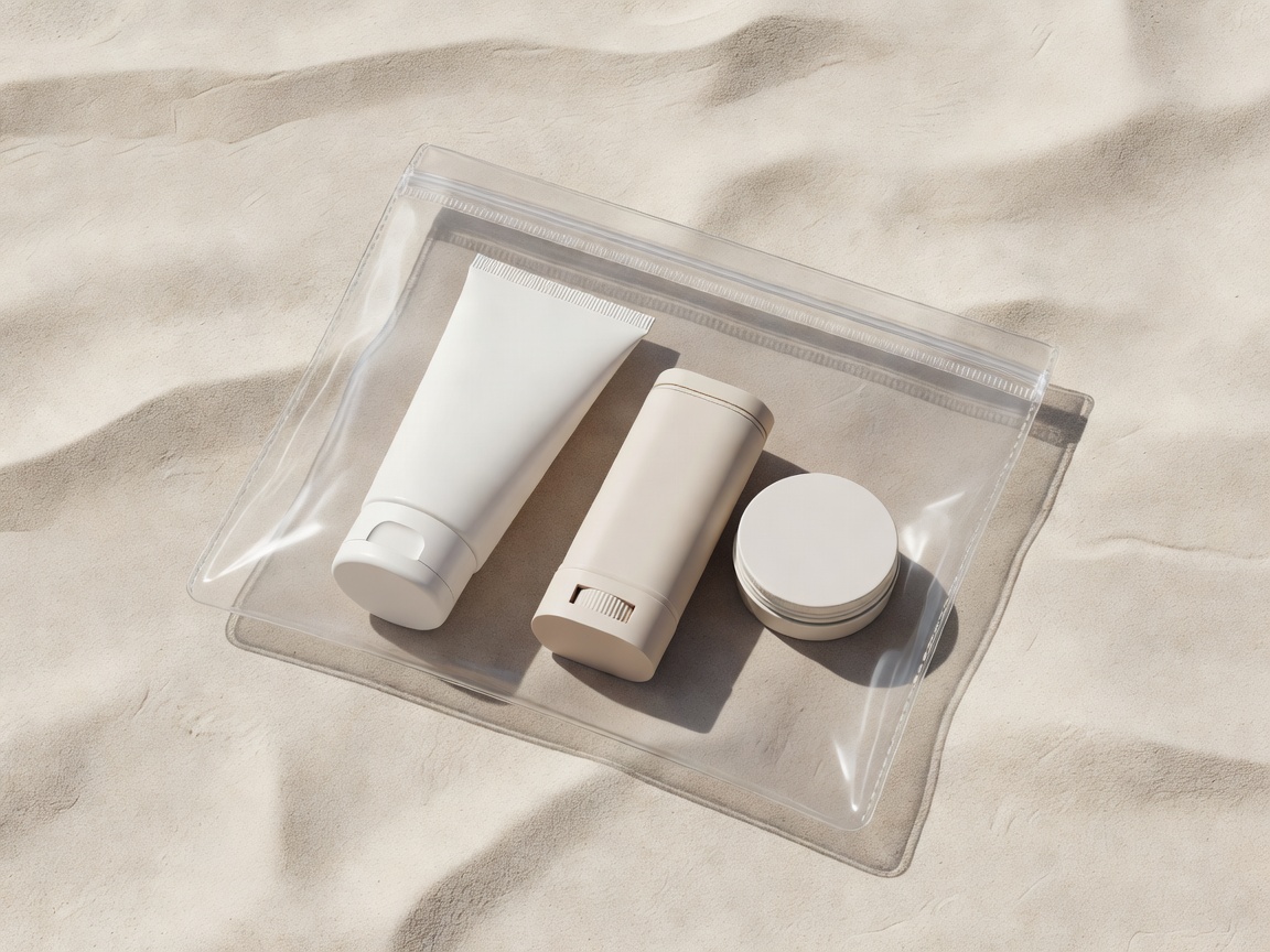 3D render of a beach skincare kit with an unbranded sunscreen tube, stick and balm in a clear pouch on paper backdrop