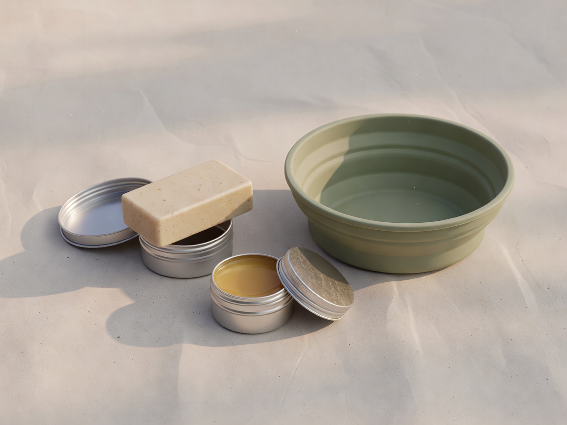 3D render of a camping skincare kit: a solid cleanser bar in a tin, balm and a collapsible bowl on paper backdrop
