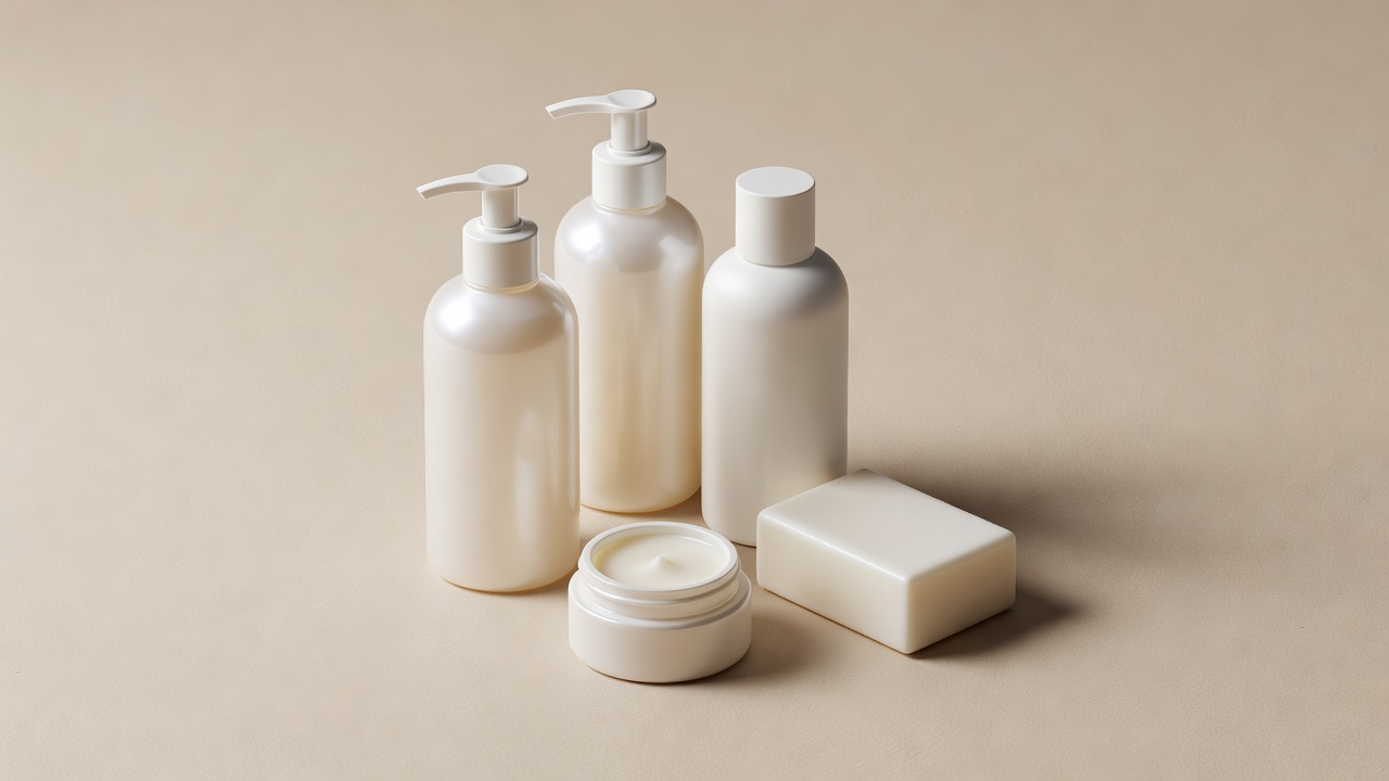 Soft-lit 3D render of unbranded cleanser bottles, a solid cleansing bar and a small balm pot on a paper-coloured surface