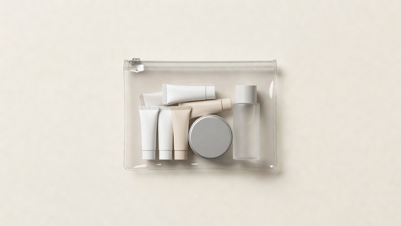 Soft-lit 3D render of a transparent zip pouch holding unbranded mini tubes, a balm tin and a cleanser bottle on paper-coloured background