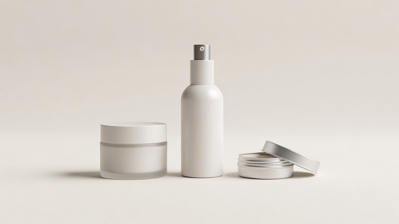 Soft-lit 3D render of a plain moisturiser jar, an airless pump bottle and a small balm tin on a paper-coloured background