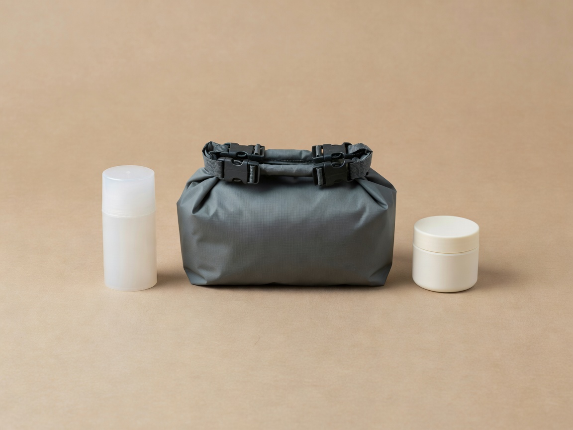 3D render of a small roll-top dry bag beside generic sunscreen and balm containers on a paper-coloured surface