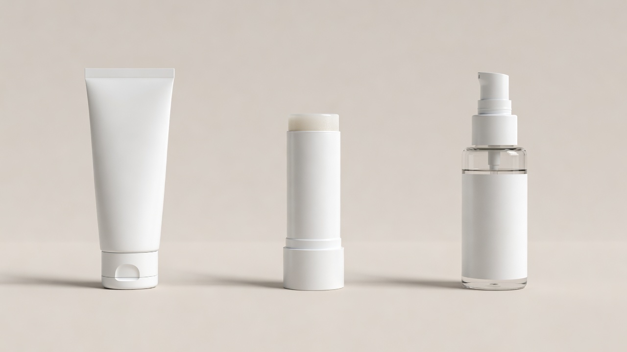 Soft-lit 3D arrangement of an unbranded sunscreen tube, twist-up stick and pump spray on a paper-coloured background